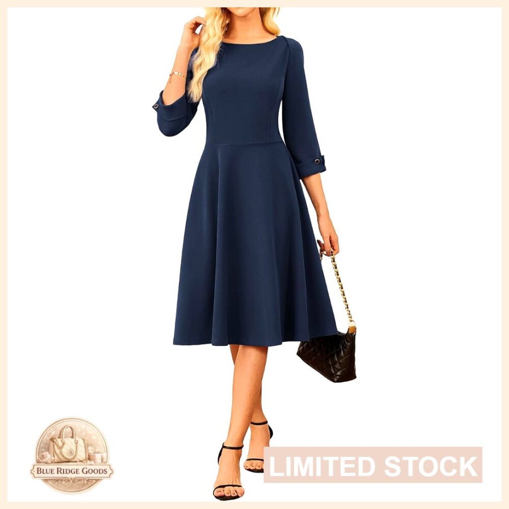 Fit and Flare Midi Dress Elegant Office Wear with Pockets 3/4 Sleeve Boat Neck